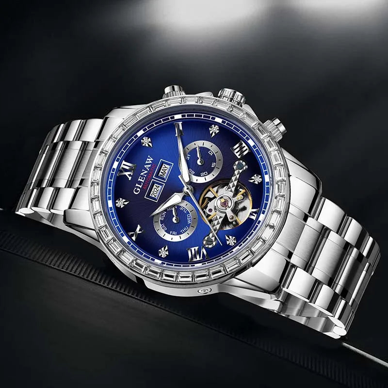 Reloj mecánico multifunción GLENAW – Modelo para hombre, estilo ejecutivo y desenfadado, correa de acero inoxidable, resistente al agua, con calendario – Reloj de lujo
