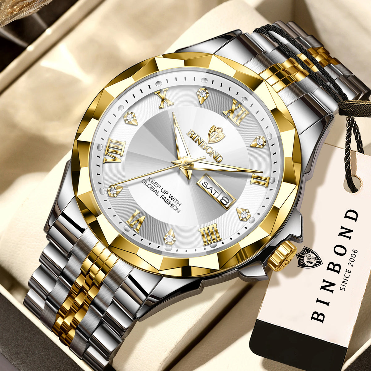 Reloj de cuarzo para hombre BINBOND: reloj de pulsera de lujo, luminiscente y resistente al agua, con indicador del día de la semana y fecha automática.