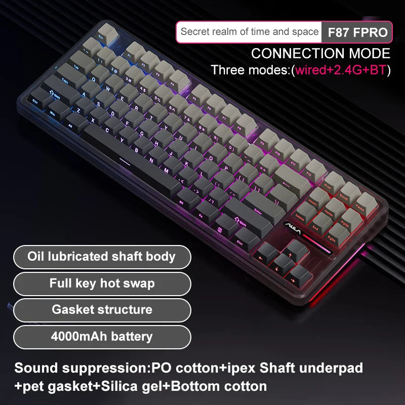 Original AULA F87 Pro Mechanical Keyboard Wireless USB Bluetooth Tri Mode 87 Key Rgb Pbt Gasket Laptop Gamer PC Gaming Keyboards