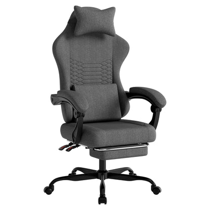Dark Gray Fabric Gaming Chair, Massage Office Chair with Headrest, Ergonomic Racing Design, Adjustable Footrest, for PC Gamers