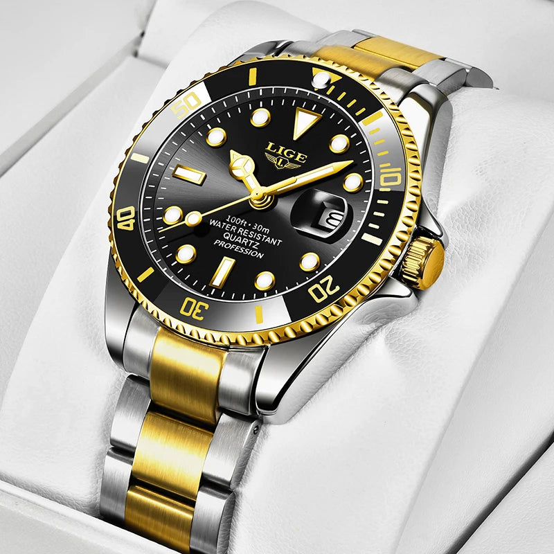 Reloj para hombre LIGE: cronógrafo de cuarzo, resistente al agua, estilo informal y profesional, accesorio de moda de lujo de una gran marca.