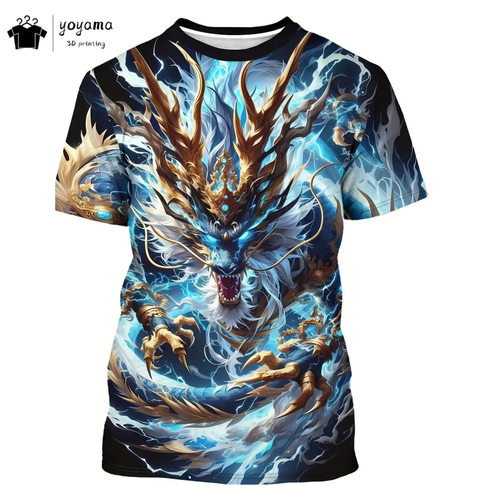 Men's t-shirts Dragon Pattern Short Sleeve Tee Fashion Street O-Neck Top Trend Animal 3D Printing Loose Versatile Men's Clothing