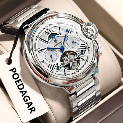 Reloj para hombre POEDAGAR, de estilo lujoso y profesional, con indicador de fecha y día, tourbillon, caja de acero inoxidable, movimiento mecánico automático y resistencia al agua.