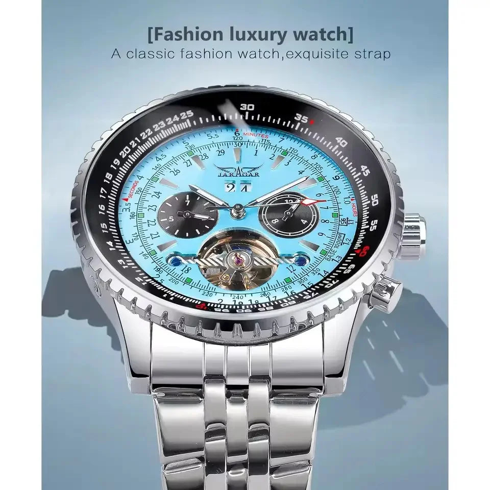 Montre mécanique automatique rétro de luxe JARAGAR 034, tourbillon, squelette creux, acier inoxydable, calendrier de la semaine, montre pour homme