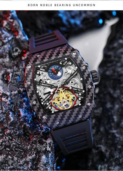 Tourbillion Mechanical Watch for Men Silicone Strap Skeleton Tonneau Automatic Mens Watches Top Brand Luxury Reloj Hombre