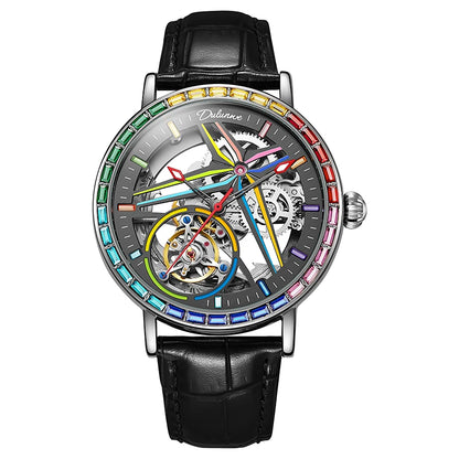 Reloj esqueleto para hombre, de estilo moderno, adornado con piedras preciosas de los colores del arcoíris y dotado de un tourbillon; reloj mecánico automático de lujo, hermético hasta 30 metros.
