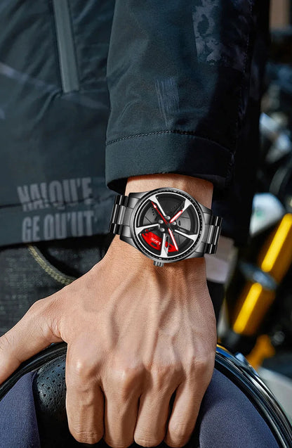 LIGE New Sport 3d Car Wheel Rim Hub Watch Fashionable Rotating Dial Stainless Steel Strap Waterproof Quartz Watches reloj hombre