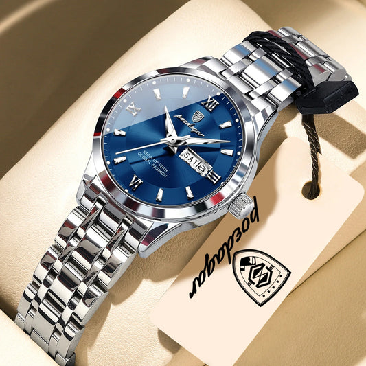 Elegante reloj de lujo para mujer POEDAGAR, luminiscente, resistente al agua, de acero inoxidable, de cuarzo, con fecha y día de la semana.