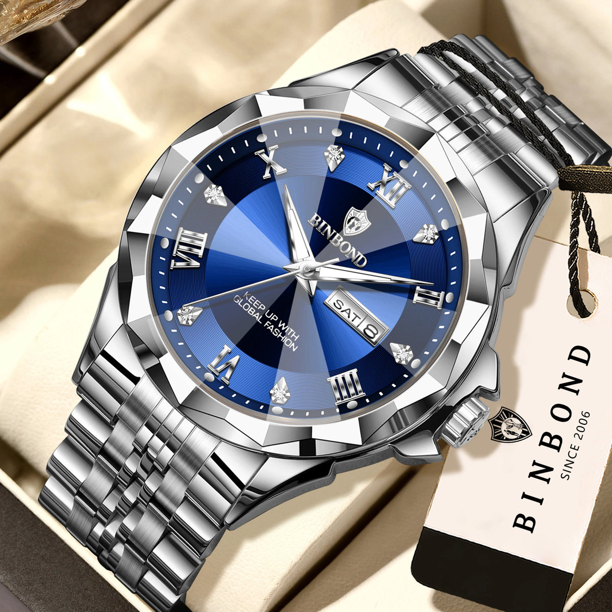 Reloj de cuarzo para hombre BINBOND: reloj de pulsera de lujo, luminiscente y resistente al agua, con indicador del día de la semana y fecha automática.