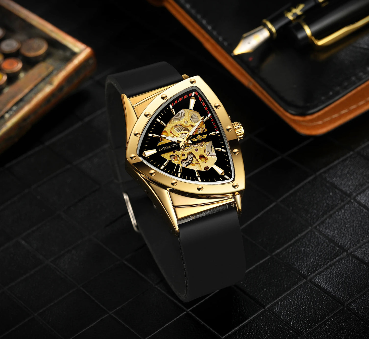 WINNER High Quality Watch for Men Triangle Steel Skeleton Mechanical Automatic Movement Clockwork Waterproof Rubber strap Wrist
