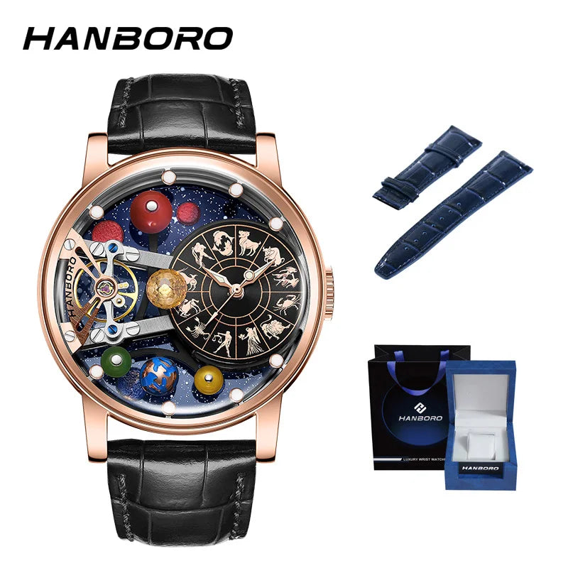 Montre mécanique automatique pour homme, modèle « Ciel étoilé » : design squelette, style constellation, boîtier en acier inoxydable, affichage en relief, fonction luminescente et étanchéité.