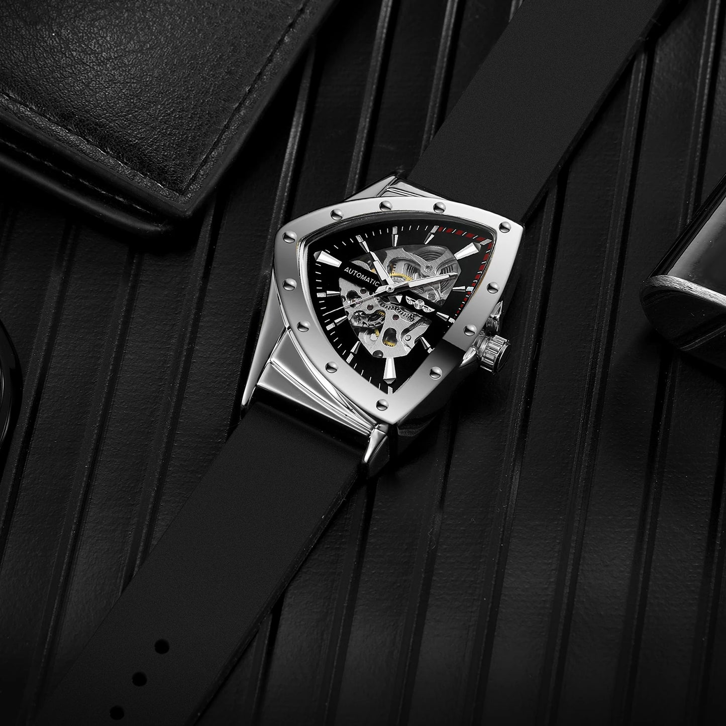 WINNER High Quality Watch for Men Triangle Steel Skeleton Mechanical Automatic Movement Clockwork Waterproof Rubber strap Wrist