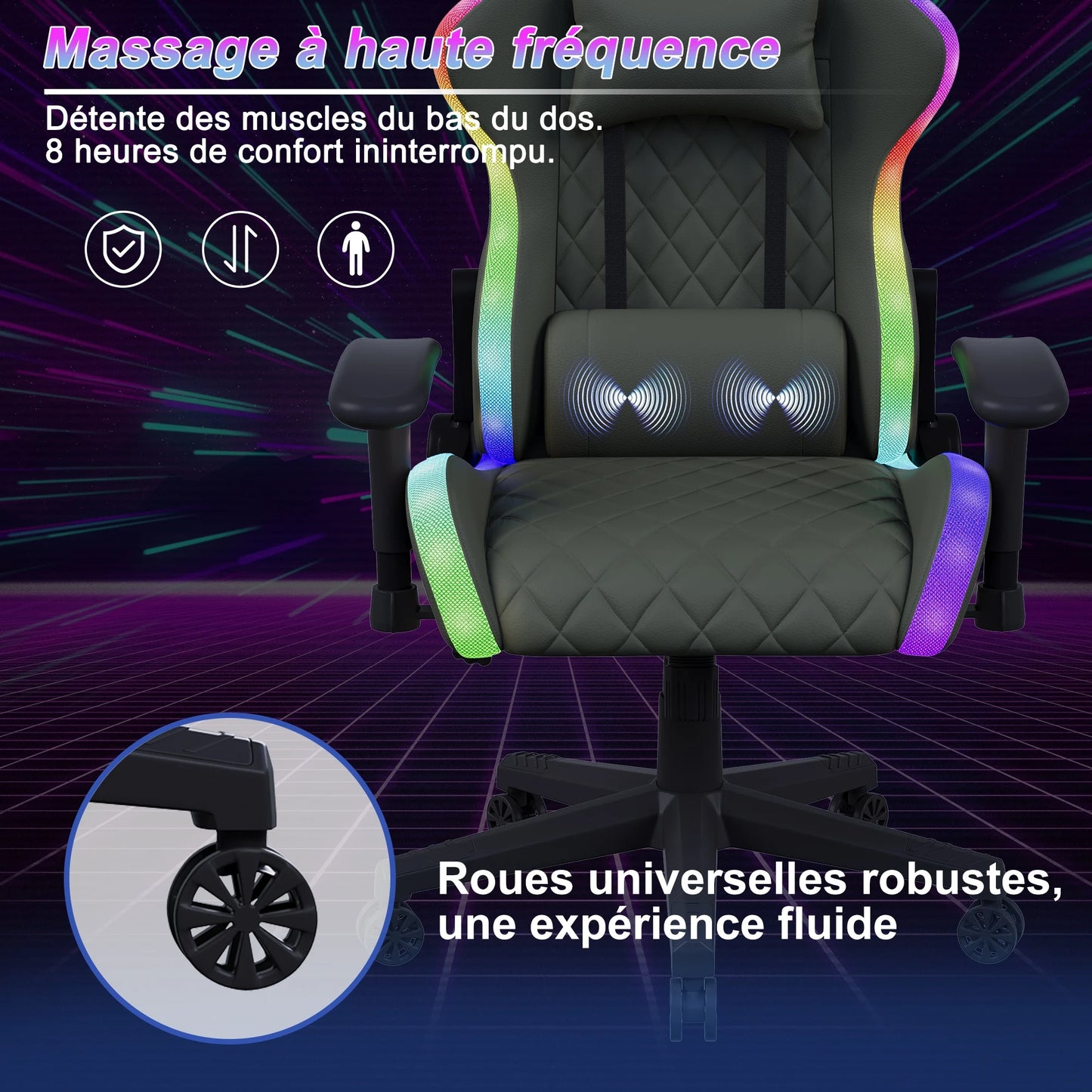 Gaming Chair,Ergonomic Gaming Chair with LED,Adjustable Computer Chair for Teenagers,Lumbar Cushion,Gamer Chair,Black