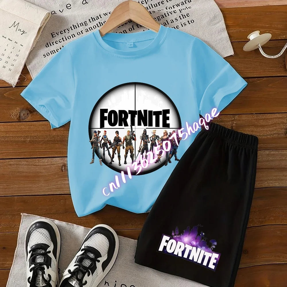 Sommerliches Fortnite-Kinder-Set: T-Shirt und Shorts, 2-teilig, Anime-Design, kurzärmelig, aus Baumwolle, lässige Sportbekleidung, Geschenkidee