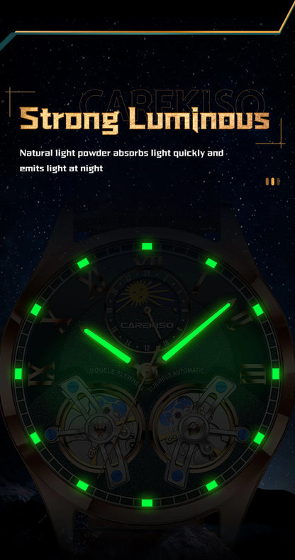 CAREKISO Fashion Men Clock Double Hollow Tourbillon Automatic Mechanical Man Watch Waterproof Luminous Leather Men's Watches+Box