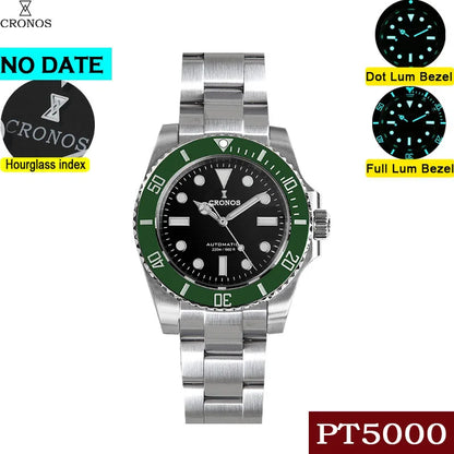 Cronos Sub Diver Men Watch No Date PT5000 Brushed Bracelet Ceramic Bezel 200 meters Water Resistant