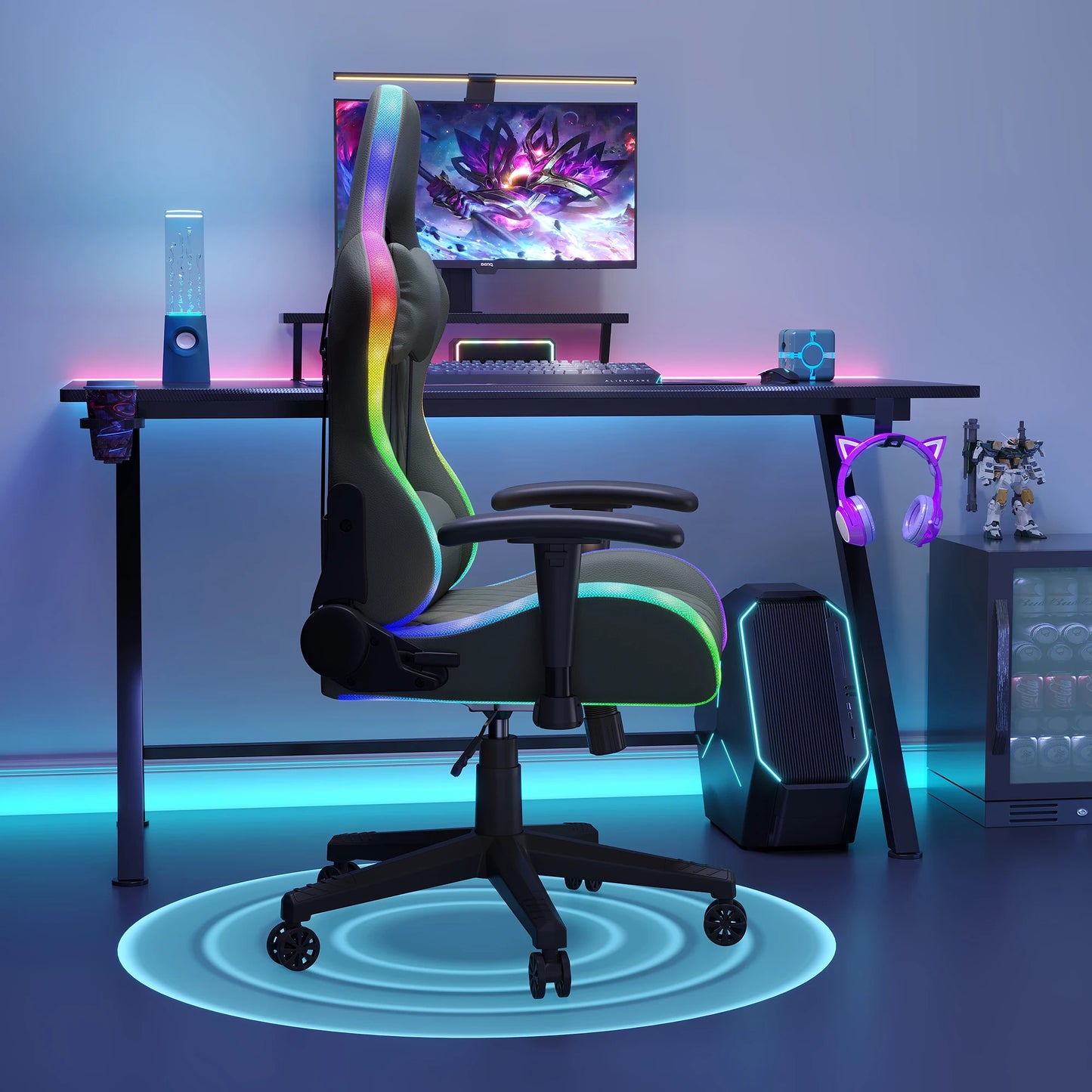 Ergonomic office chair with lumbar massage,LED RGB ambient lighting, and reclining backrest,  for home offices
