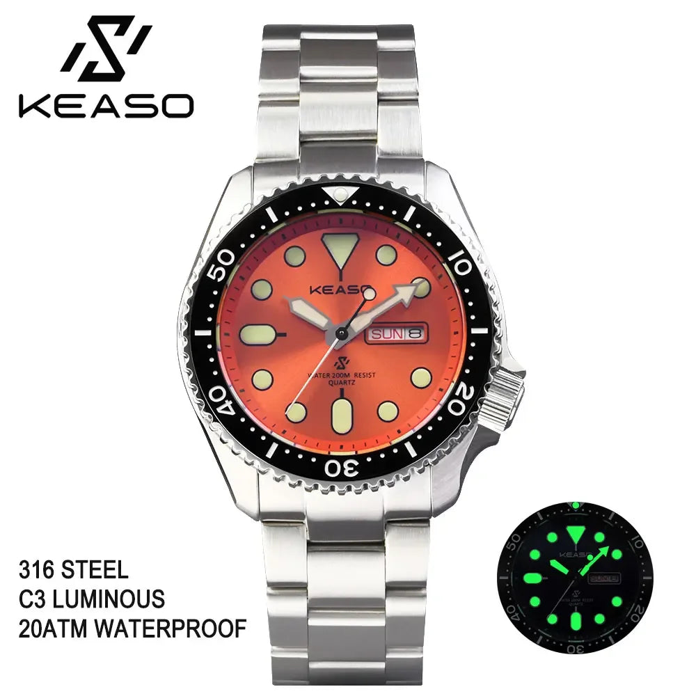 KEASO Top Men's Dive Watch C3 Super Luminous 316L Solid Steel 20Bar Waterproof Sapphire Mirror MIYOTA 2035 Quartz Movement Watch