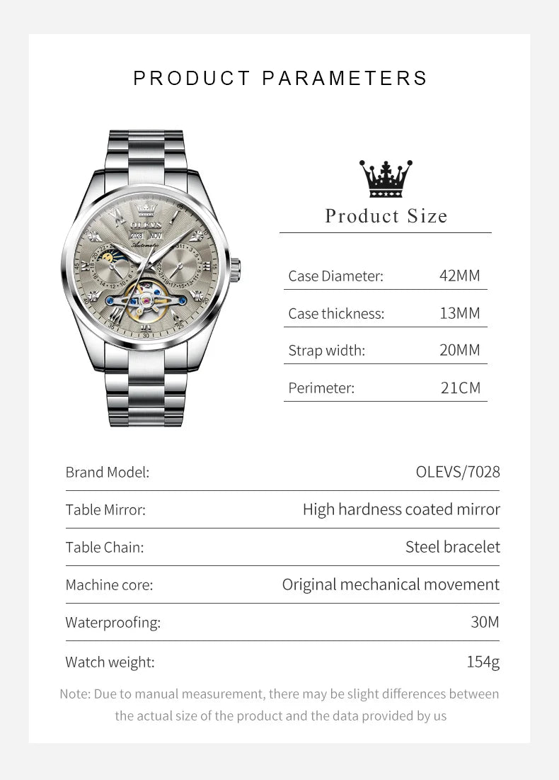 OLEVS 7028 Automatic Mechanical Men's Watch Tourbillon Dial Multifunctional Date Waterproof Luminous Watch for Men