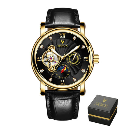 Montre mécanique automatique de luxe pour homme, signée par une grande marque, dotée d'un tourbillon, d'une phase de lune et de diamants – une montre-bracelet élégante.