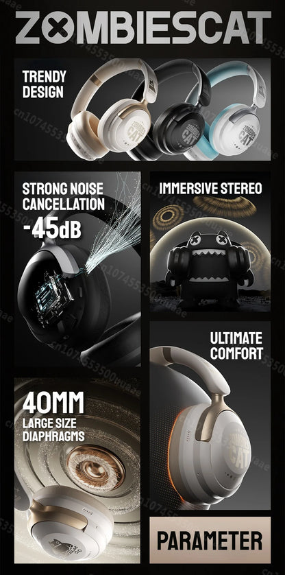 Zombies Cat S10 ANC Bluetooth 6.0 Headphones -45dB Active Noise Canceling Earphone HiFi Stereo Over-Ear Wire/Wireless Headset