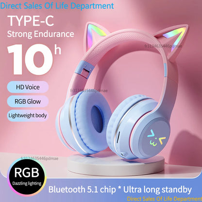 RGB Cat Ear Wireless Bluetooth Headphones for Kids & Girls – LED Light Stereo Gaming Headset with Microphone