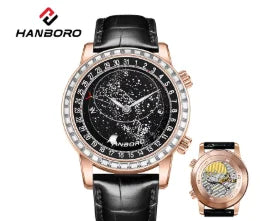 Montre mécanique automatique pour homme, modèle « Ciel étoilé » : design squelette, style constellation, boîtier en acier inoxydable, affichage en relief, fonction luminescente et étanchéité.