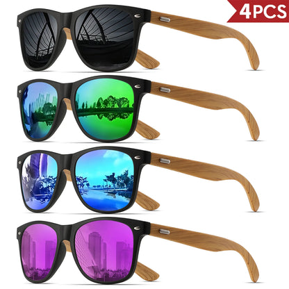 4PCS Bamboo Texture Square Sunglasses UV400, Fashion Unisex Classic - Lightweight for Casual Wear & Holidays