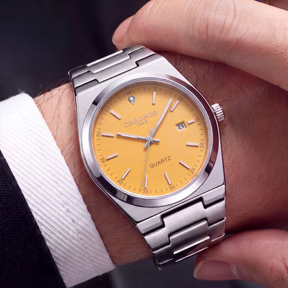 Montre à quartz pour homme CHRONOS – Bracelet en acier inoxydable, étanche, aiguilles luminescentes, affichage de la date – Idéale pour le travail, le sport ou au quotidien