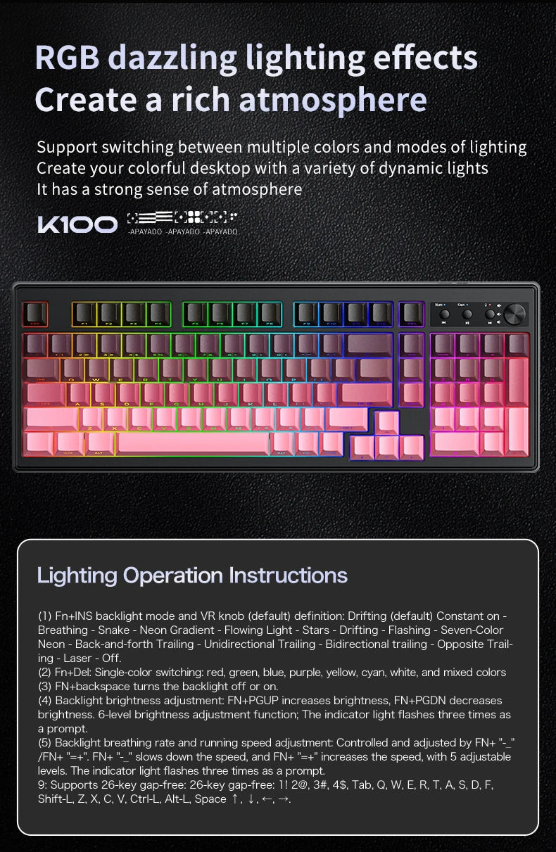 FREEWOLF K100 Wireless Keyboard Quiet with Media Knob|Side-print Backlit|4000mAh|26-Key Rollover Mechanical Feel Keyboard