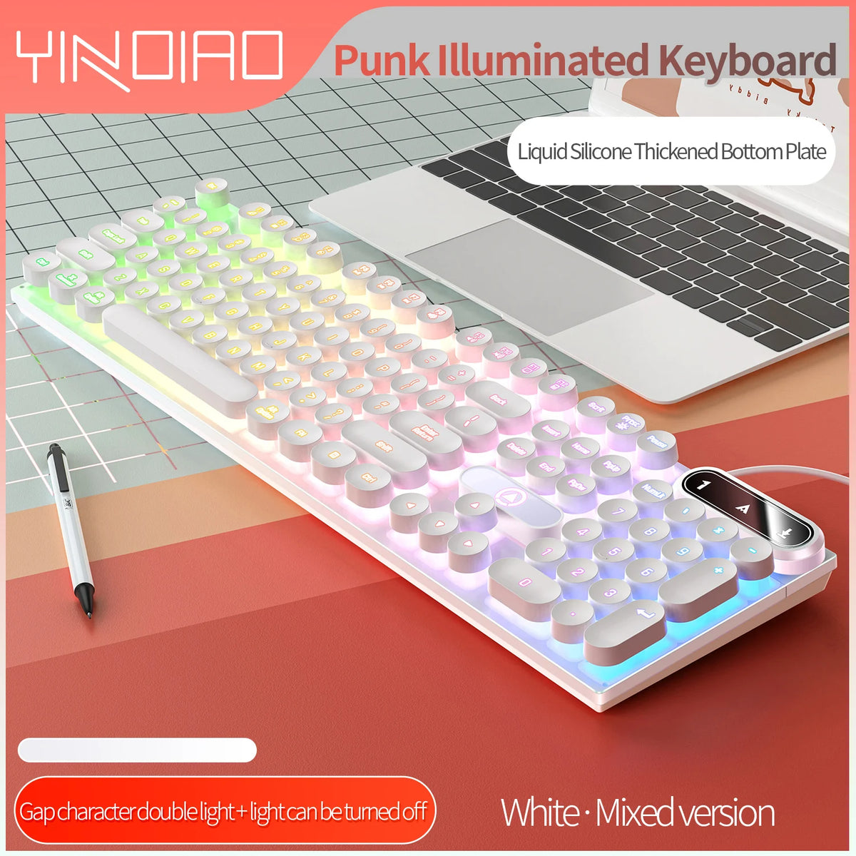 Typewriter Round 104 Keys Gaming Keyboard Wired Keyboard Color Matching Backlit Computer E-sports Peripherals for Desktop Laptop