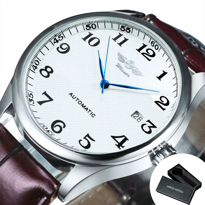 Reloj clásico para hombre: estilo retro con calendario y agujas azules, movimiento mecánico automático, marca de prestigio, caja de acero y correa de piel