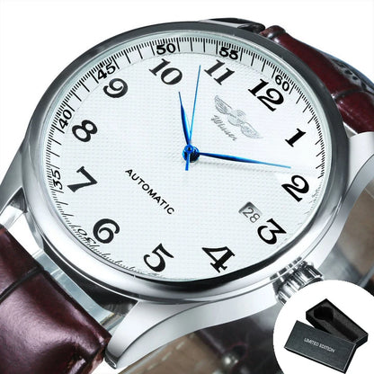 Reloj clásico para hombre: estilo retro con calendario y agujas azules, movimiento mecánico automático, marca de prestigio, caja de acero y correa de piel