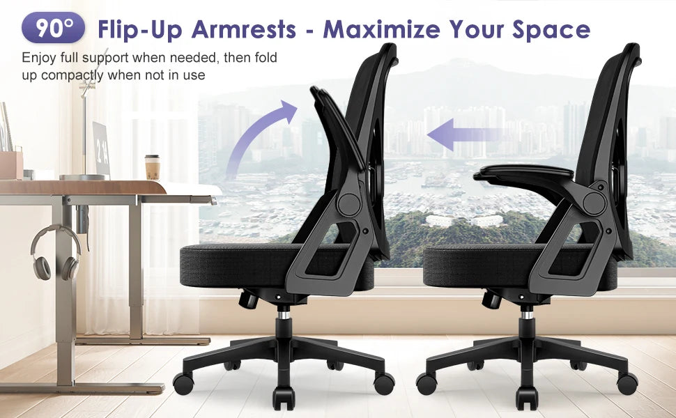 AUTHMIC Ergonomic Office Chair Mesh Back Lumbar Support Flip-Up Armrests Reclining Adjustable Height for Home Office Desk Work