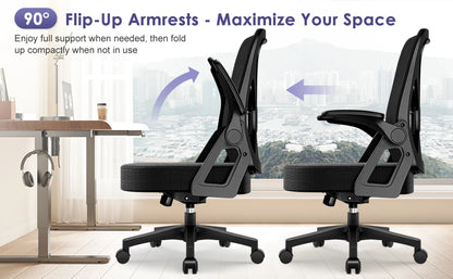 AUTHMIC Ergonomic Office Chair Mesh Back Lumbar Support Flip-Up Armrests Reclining Adjustable Height for Home Office Desk Work