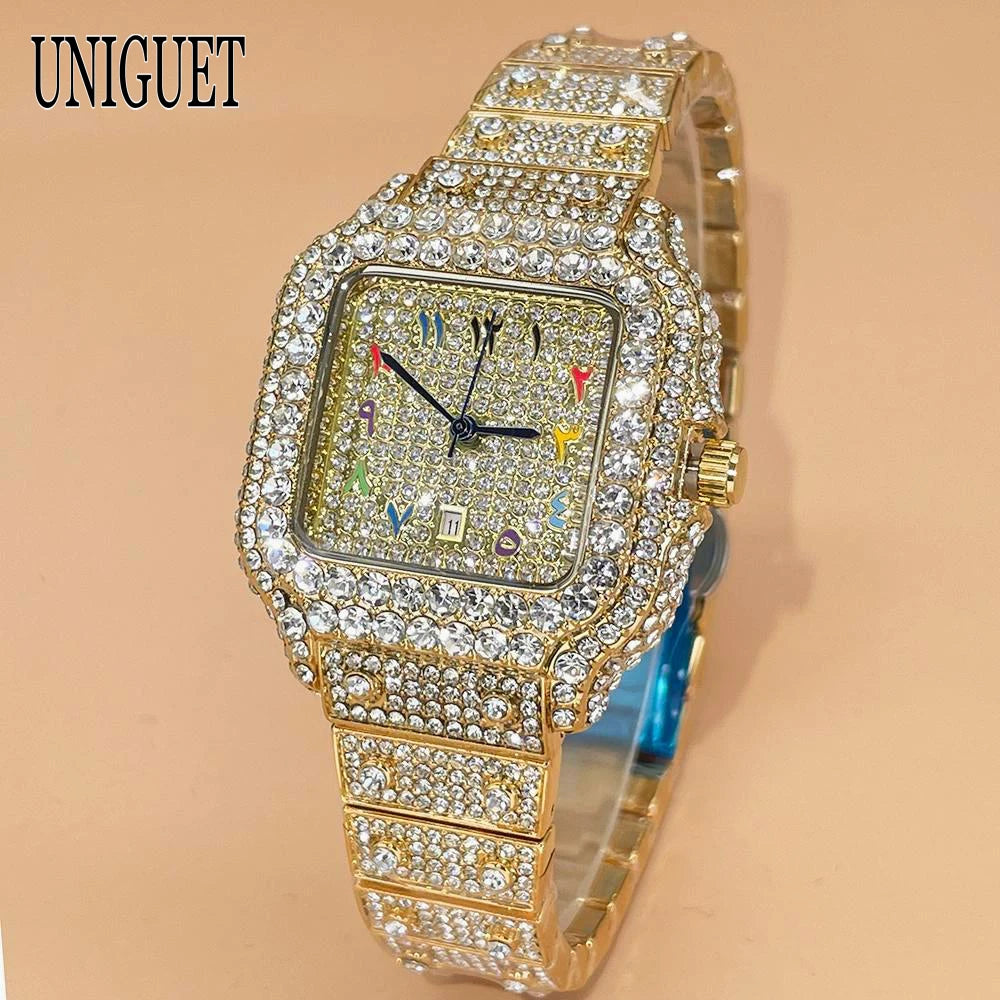 UNIGUET New Women Full Diamond Iced out Watch Fashion Square Rainbow Dial Hip Hop Bling Luxury Quartz Ladies Wristwatch Hot Sale