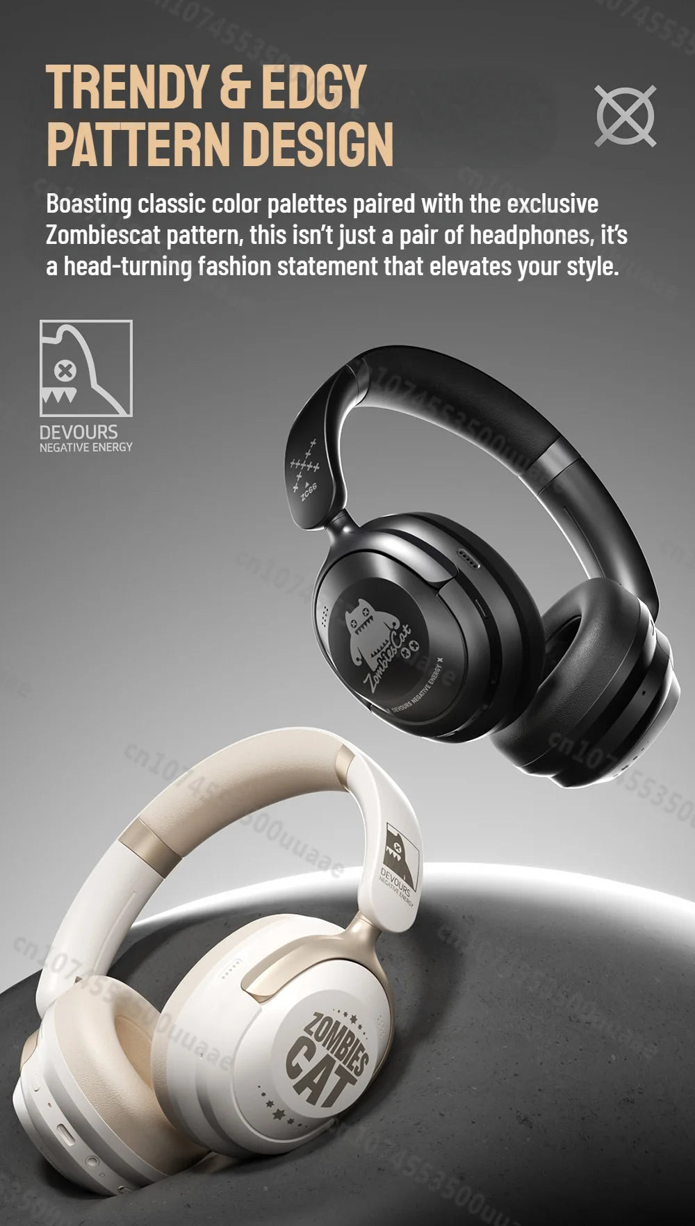 Zombies Cat S10 ANC Bluetooth 6.0 Headphones -45dB Active Noise Canceling Earphone HiFi Stereo Over-Ear Wire/Wireless Headset