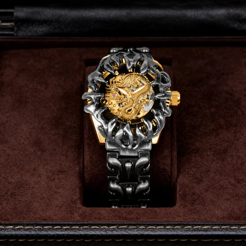 A men's yellow and black retro style classical irregular dragon patterned tourbillon mechanical watch