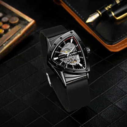 Reloj automático para hombre WINNER, diseño esqueleto triangular, agujas luminiscentes, correa de caucho, estilo militar, reloj mecánico de lujo