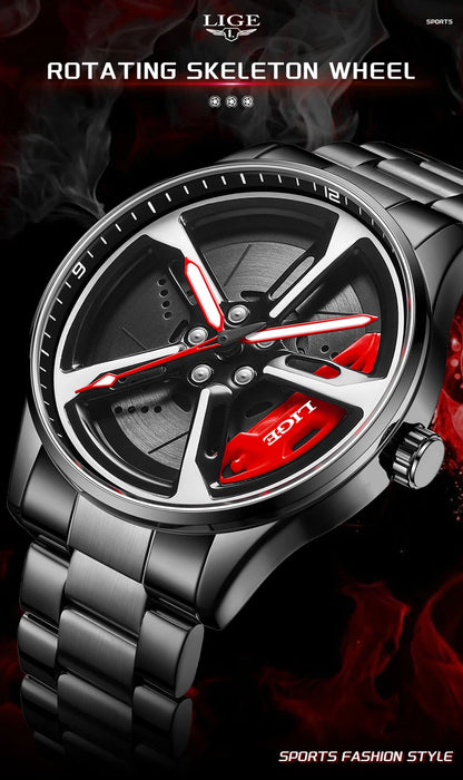 LIGE New Sport 3d Car Wheel Rim Hub Watch Fashionable Rotating Dial Stainless Steel Strap Waterproof Quartz Watches reloj hombre