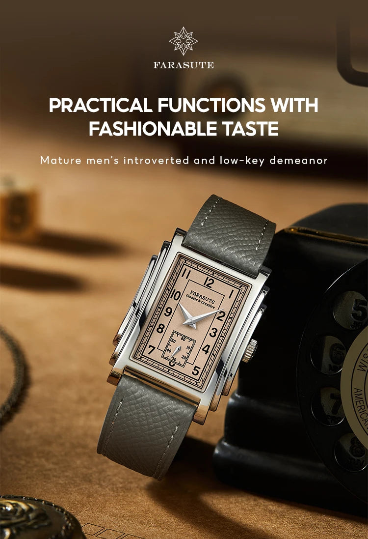 FARASUTE Original Design Square Manual Mechanical Men's Watch Seagull Movement Luxury Retro Sapphire Mirror Waterproof Men Watch