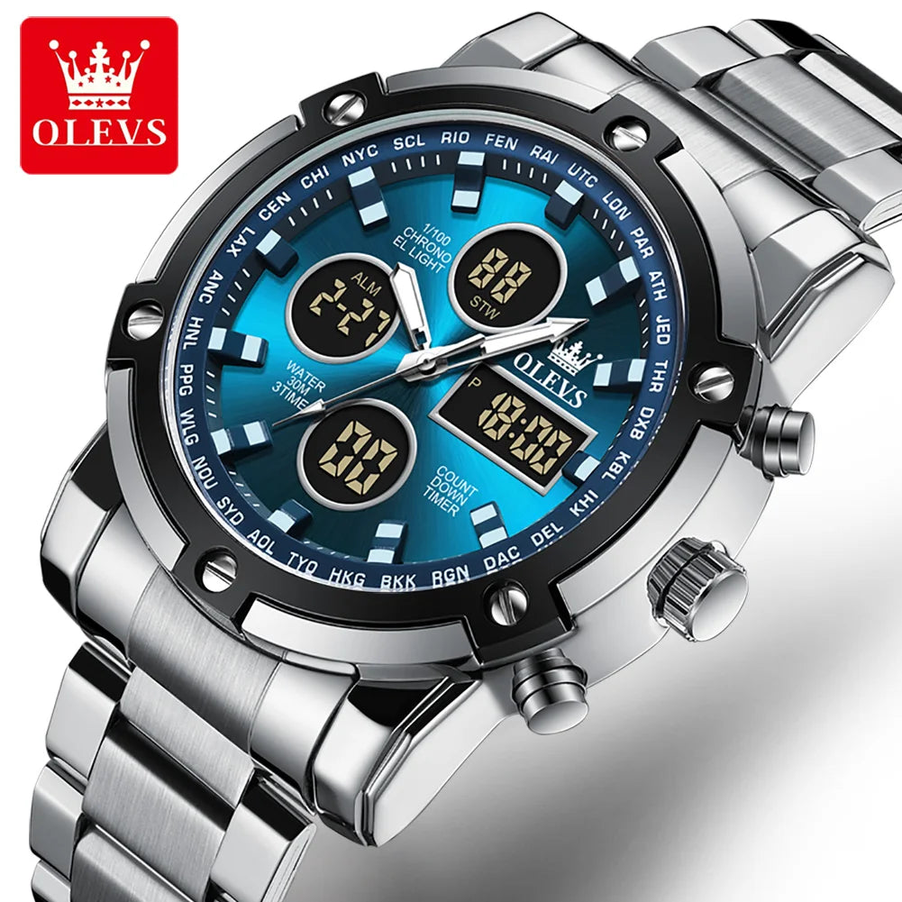 Montre pour homme OLEVS – Montre-bracelet à quartz, étanche, en acier inoxydable, avec affichage LED – Style sportif et tendance (modèle 1106)