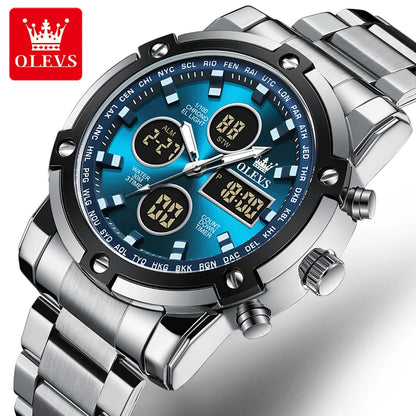 Montre pour homme OLEVS – Montre-bracelet à quartz, étanche, en acier inoxydable, avec affichage LED – Style sportif et tendance (modèle 1106)