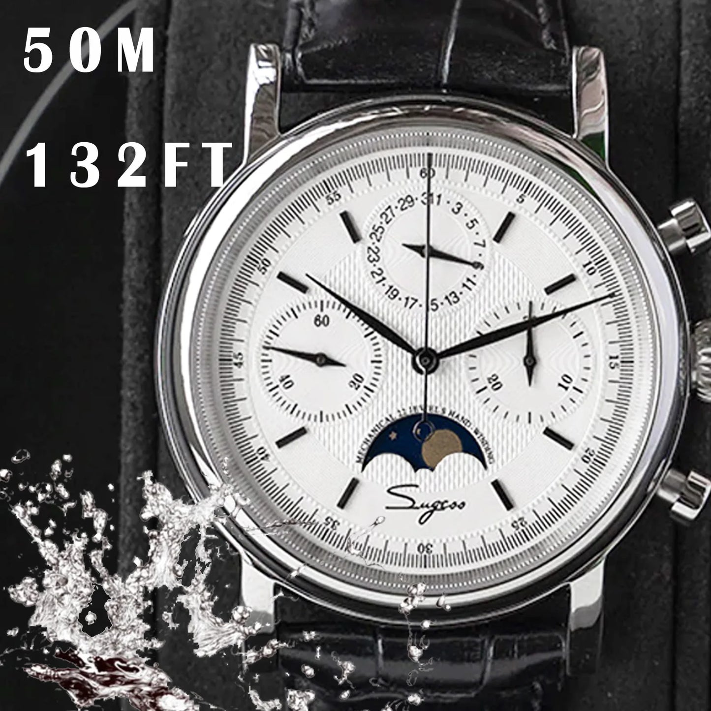 Original Movement ST1908 Sugess Men Mechanical Calendar Watch Chronograph Vintage Moonphase Wristwatches Waterproof