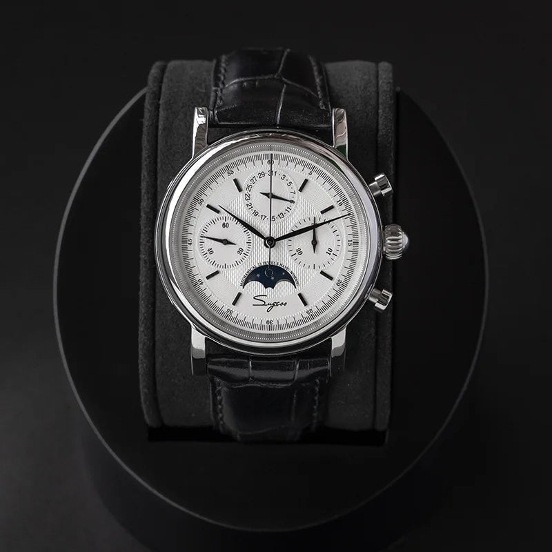 Original Movement ST1908 Sugess Men Mechanical Calendar Watch Chronograph Vintage Moonphase Wristwatches Waterproof