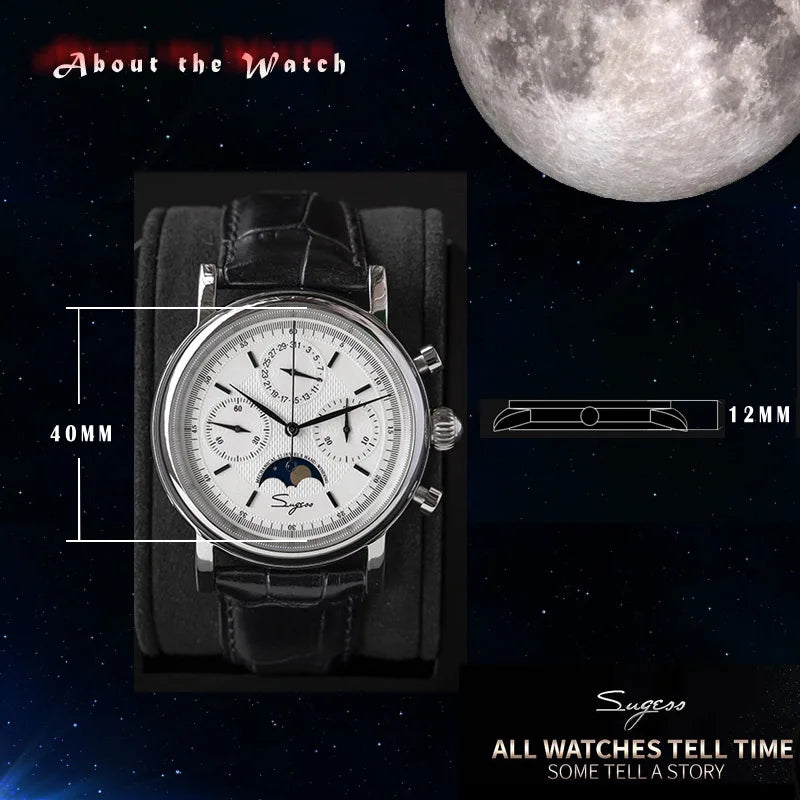 Original Movement ST1908 Sugess Men Mechanical Calendar Watch Chronograph Vintage Moonphase Wristwatches Waterproof