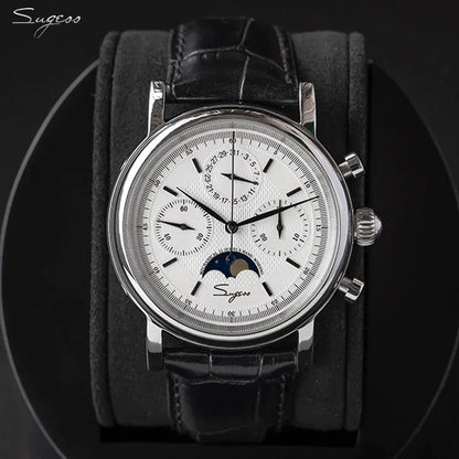 Original Movement ST1908 Sugess Men Mechanical Calendar Watch Chronograph Vintage Moonphase Wristwatches Waterproof