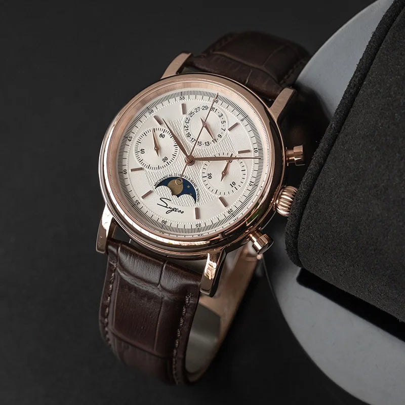 Original Movement ST1908 Sugess Men Mechanical Calendar Watch Chronograph Vintage Moonphase Wristwatches Waterproof
