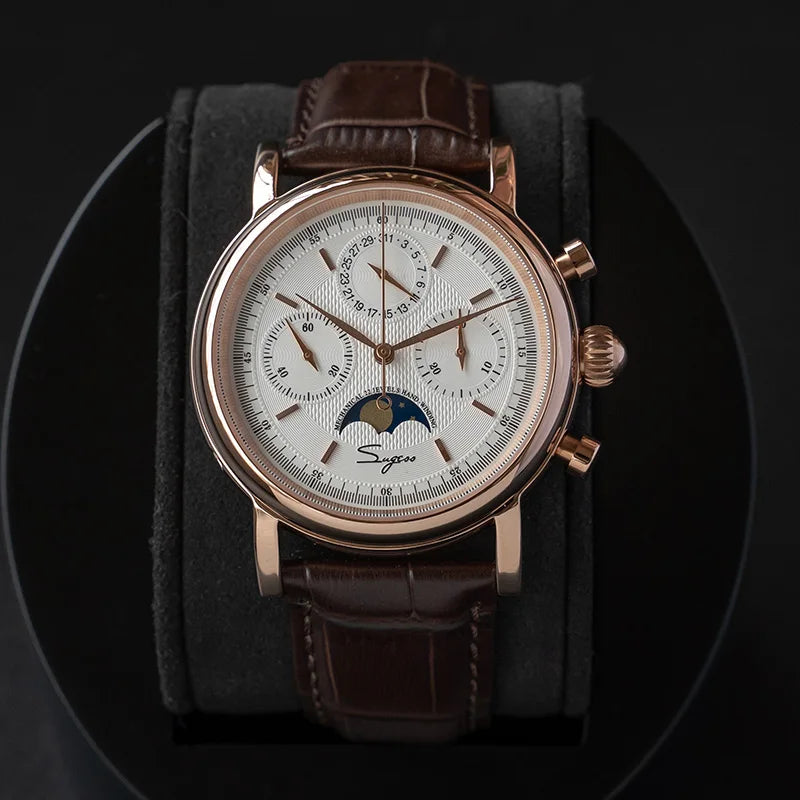 Original Movement ST1908 Sugess Men Mechanical Calendar Watch Chronograph Vintage Moonphase Wristwatches Waterproof