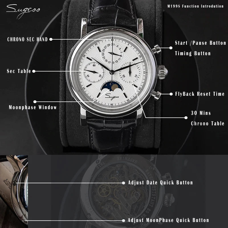 Original Movement ST1908 Sugess Men Mechanical Calendar Watch Chronograph Vintage Moonphase Wristwatches Waterproof